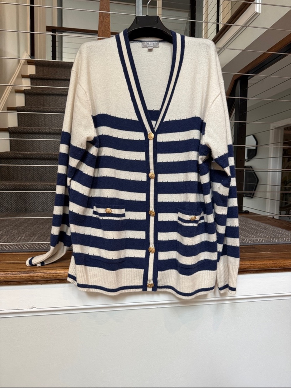 J. Crew Navy and Cream Striped Button-Up Cashmere Cardigan Sweater